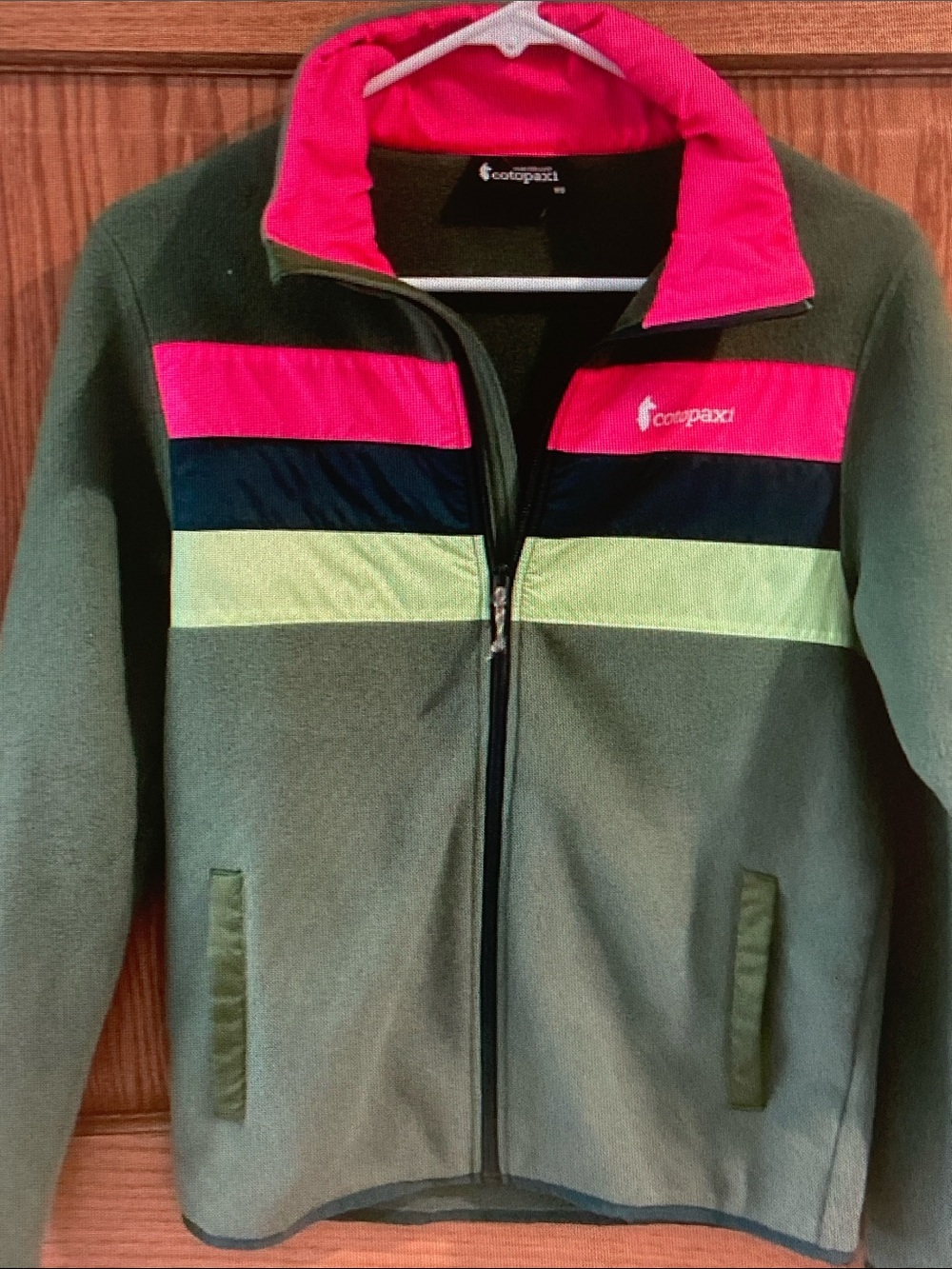 cotopaxi Olive Green Jacket with Pink, Navy & Lime Stripes